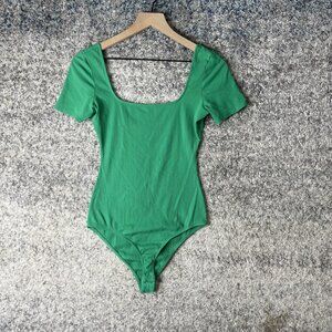 Sézane Bodysuit Womens Small Green Ribbed Short Sleeve Square Neck Stretchy Top